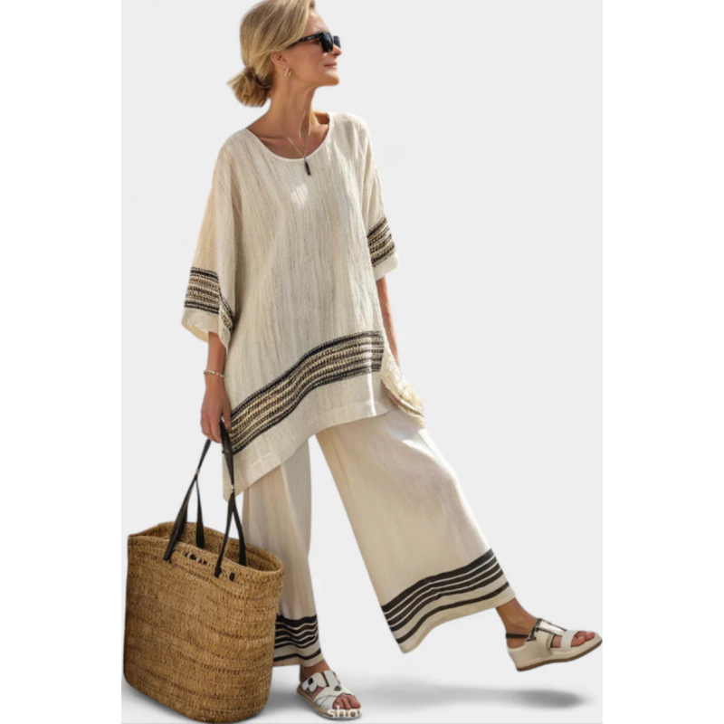 Camila | Conjunto Mujer a Rayas de Corte Holgado — Blanco