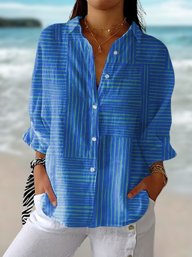 Camila | Blusas de Vestir Mujer a Rayas Cuello Camisero — Azul
