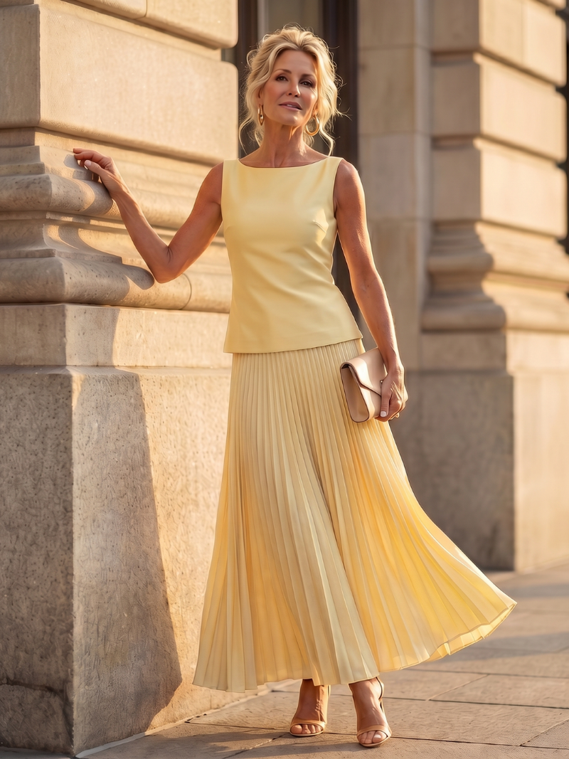 Camila | Conjunto de Falda Maxi Plisada y Top Sin Mangas — Amarillo