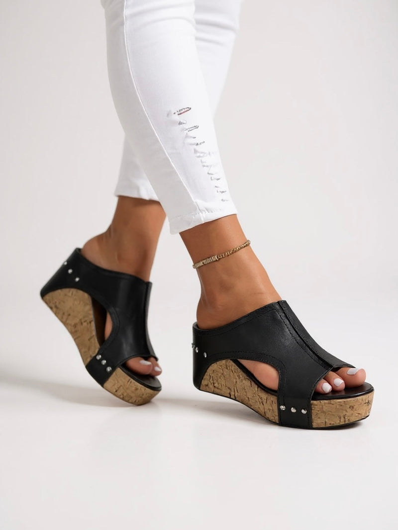 Camila | Sandalias de Cuña Tipo Mules Abiertas — Negro