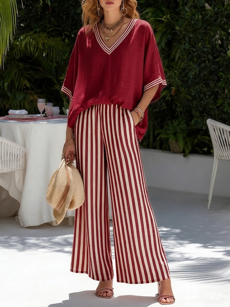 Catalina | Conjunto Mujer a Rayas con Cuello V y Pantalón — Rojo