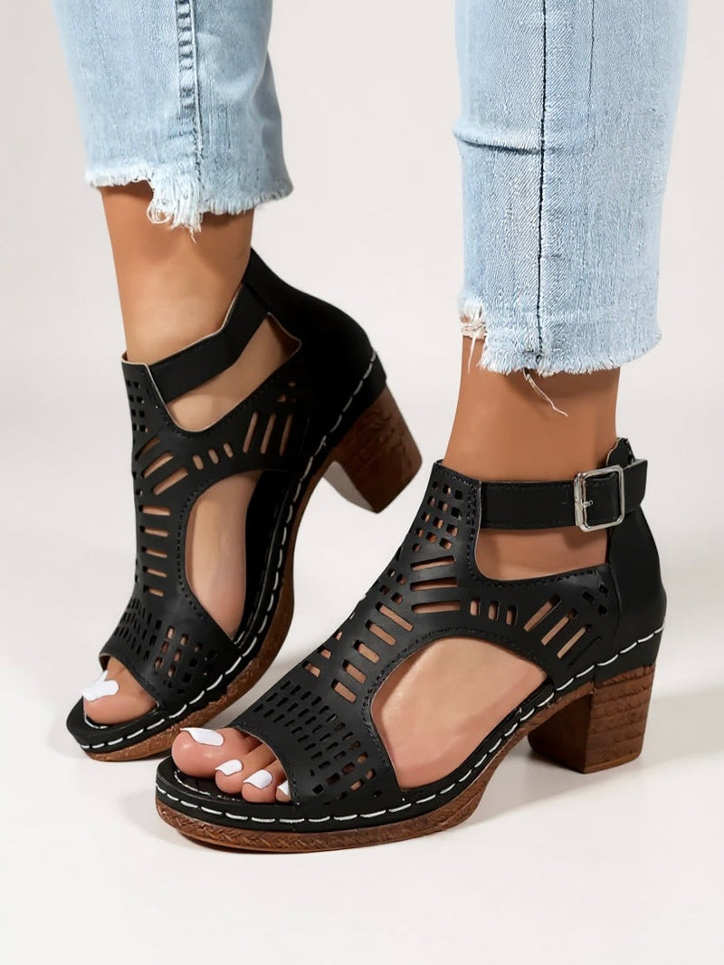 Catalina | Sandalias de Tacón Bloque con Cortes — Negro