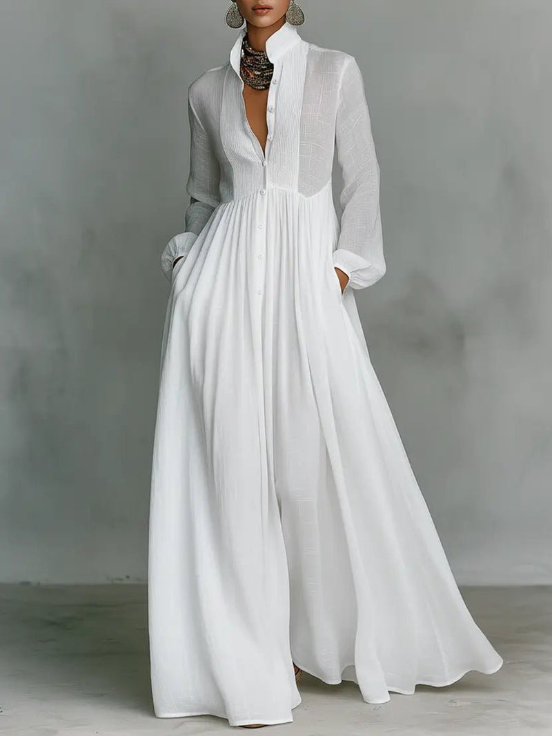 Catalina | Vestido Largo Casual con Botones Frontales — Blanco