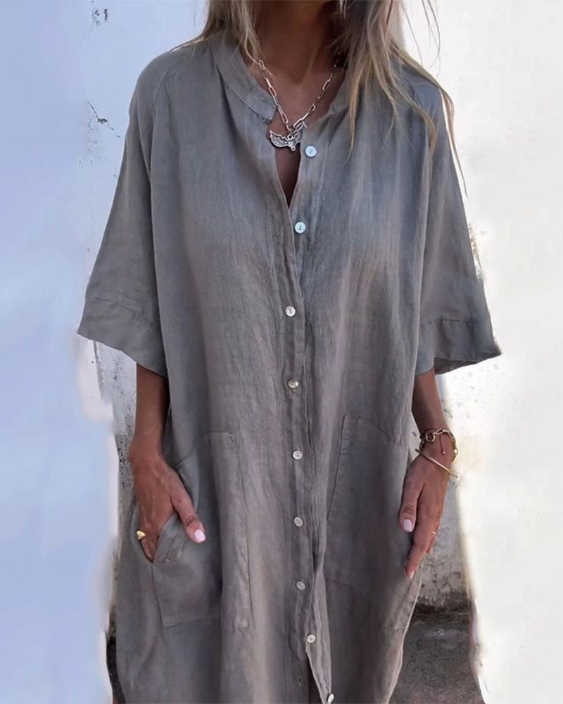 Catalina | Vestido Midi Casual Estilo Camisero con Bolsillos — Gris