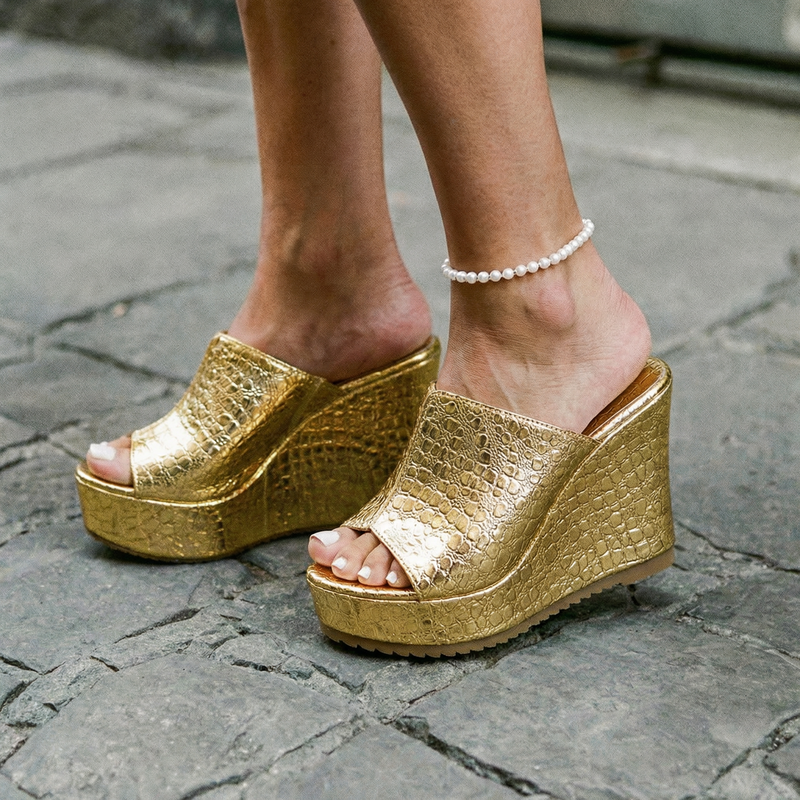 Itzel | Plataforma Tacones de Moda Dorados — Dorado