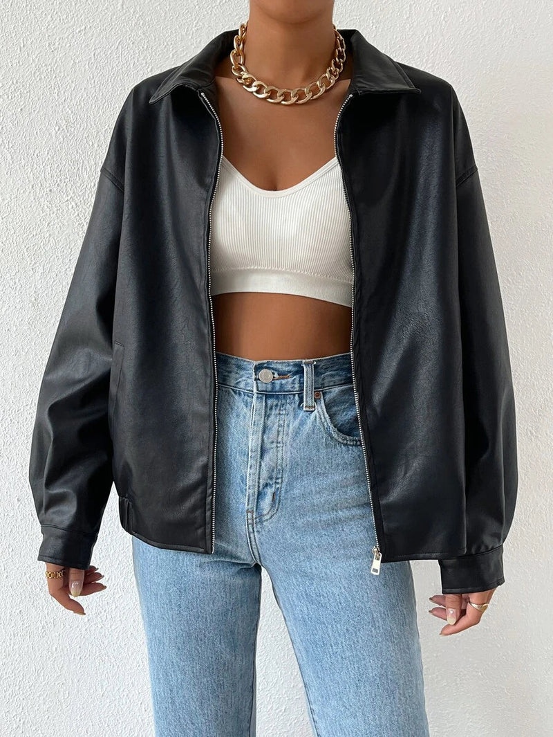 Lucía | Chamarra de Piel Mujer Holgada con Cuello — Negro
