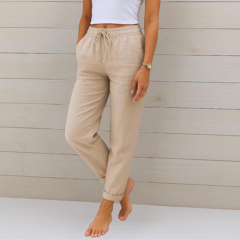 Lucía | Pantalones Rectos Mujer con Pretina Elástica — Beige