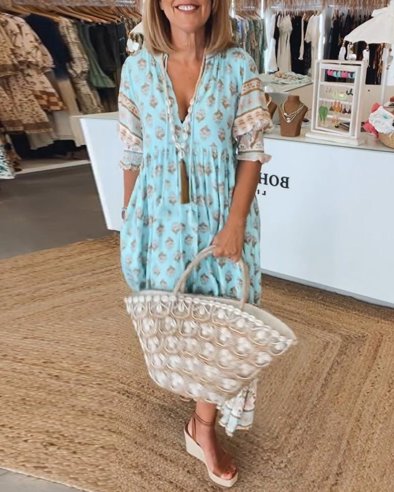 Lucía | Vestido Midi Flores con Escote en V y Corte Fluido