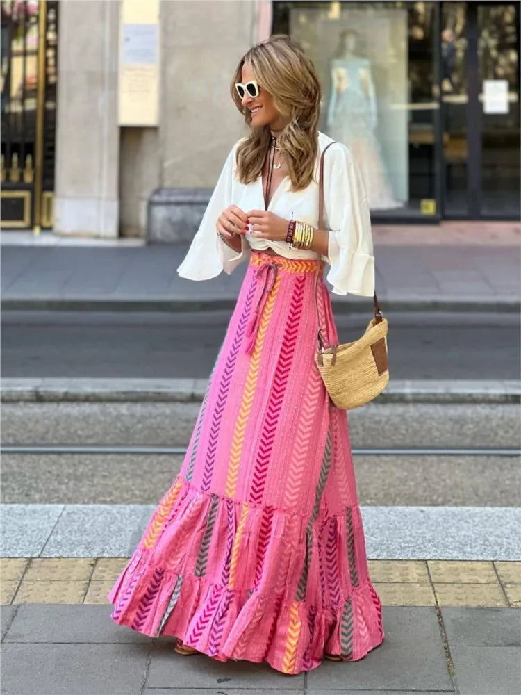 Paloma | Falda Larga Playera con Diseño Bohemio — Rosa