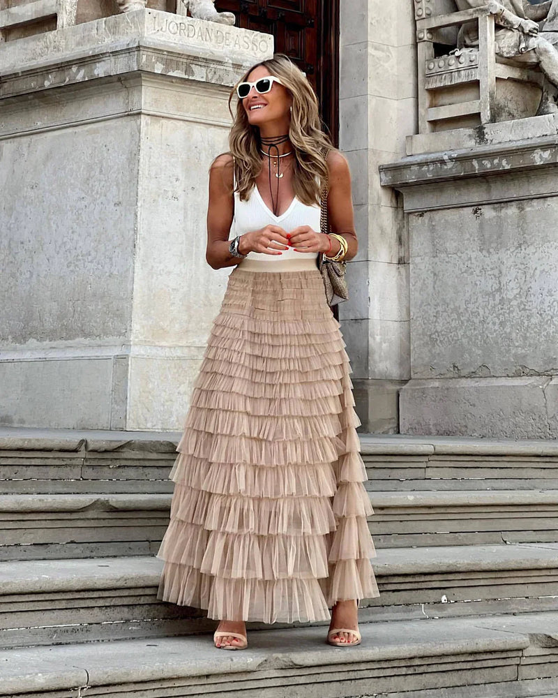 Rosalía | Falda de Fiesta Plisada con Cintura Elástica — Caqui