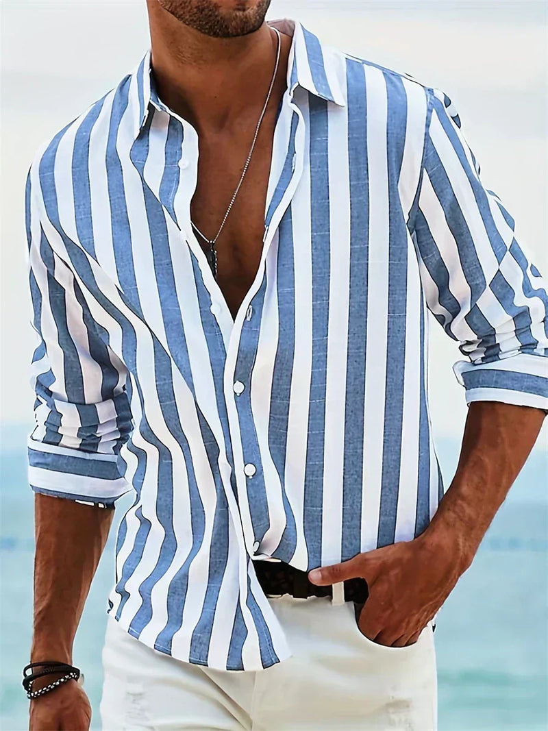 Santiago | Camisa Casual a Rayas de Corte Holgado — Azul