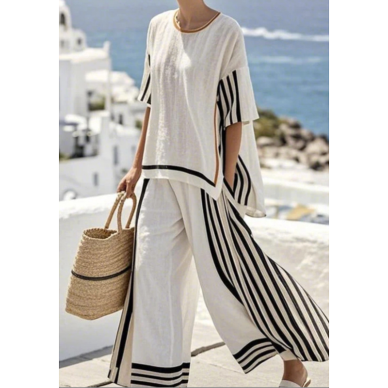 Valentina | Conjunto Mujer a Rayas de Silueta Holgada — Blanco