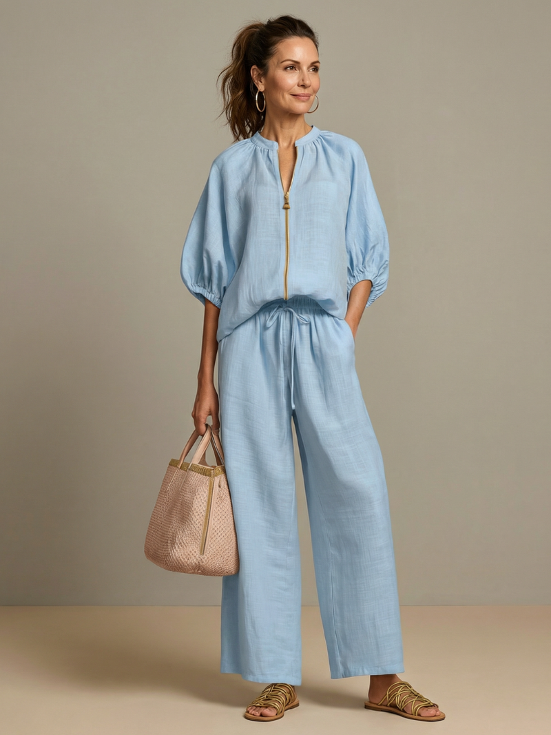 Valentina | Conjunto Mujer Pantalón Ancho y Cierre — Azul